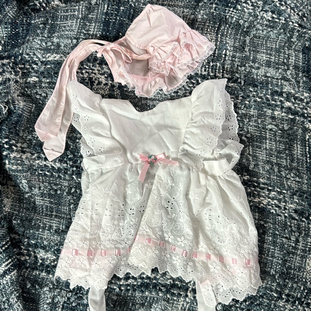 Baby Girl White Lace Smock Dress and Matching Pink Bonnet